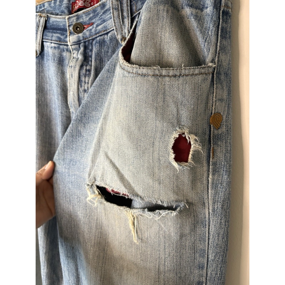 Y2K Plugg Jeans Co Mens 34x30 Bootcut Ripped Denim Jeans Medium Wash 100% Cotton - Picture 10 of 15